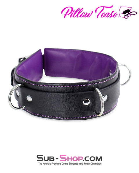 2669DL      Black 3 Ring Bondage Collar with Purple French Stitching Collar   , Sub-Shop.com Bondage and Fetish Superstore