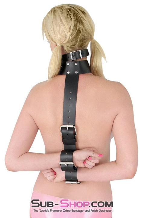 1741A-BLK      2" Collar to Wrist Restraint, Black Leather Restraints   , Sub-Shop.com Bondage and Fetish Superstore