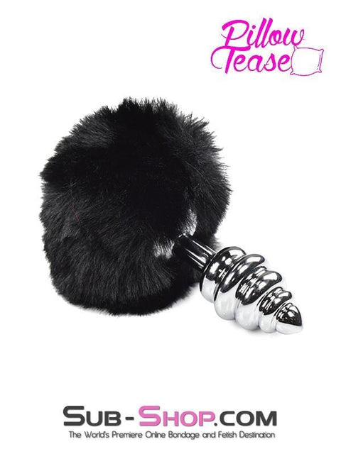 2477M      Black Powder Puff Tail with Ribbed Chrome Anal Plug - LAST CHANCE - Final Closeout! Black Friday Blowout   , Sub-Shop.com Bondage and Fetish Superstore