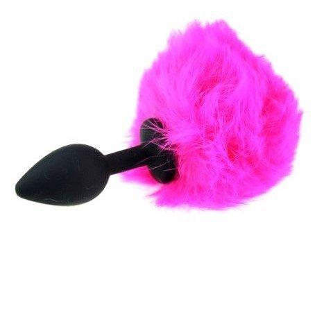3503M      Pink Powder Puff Tail with Medium Black Silicone Butt Plug - LAST CHANCE - Final Closeout! Black Friday Blowout   , Sub-Shop.com Bondage and Fetish Superstore