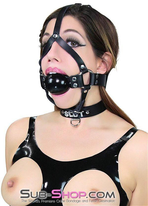 0451A      2” Leather Ball Gag Trainer, Black Gloss Ball Gags   , Sub-Shop.com Bondage and Fetish Superstore