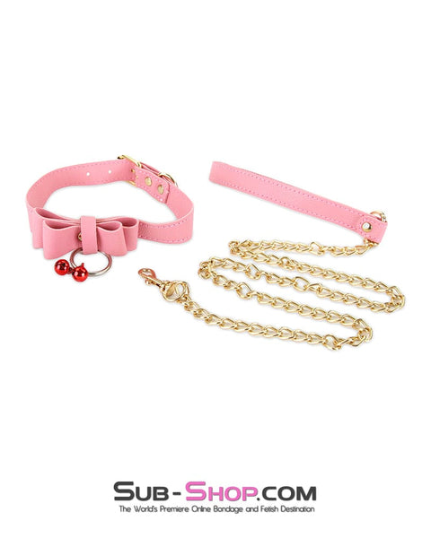 7337M      Precious Pet Bow Bondage Slave Collar with Bell and Gold Chain Leash Collar   , Sub-Shop.com Bondage and Fetish Superstore