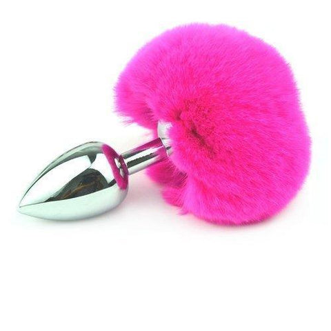 9834M      Bunny Hop Pink Powder Puff Tail with Small Chrome Butt Plug Anal Toys   , Sub-Shop.com Bondage and Fetish Superstore