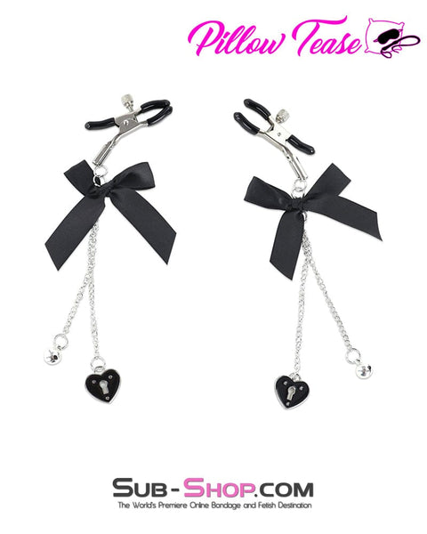 9884DL      Adjustable Nipple Clamps with Cute Bow and Lock Pendant, Black Nipple Clamp   , Sub-Shop.com Bondage and Fetish Superstore