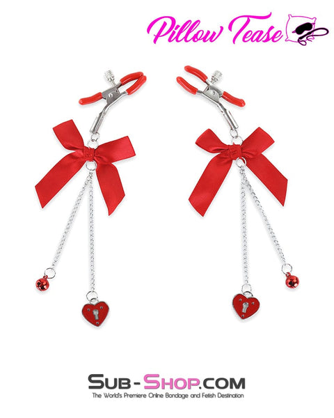 9885DL      Adjustable Nipple Clamps with Cute Bow and Lock Pendant, Red Nipple Clamp   , Sub-Shop.com Bondage and Fetish Superstore