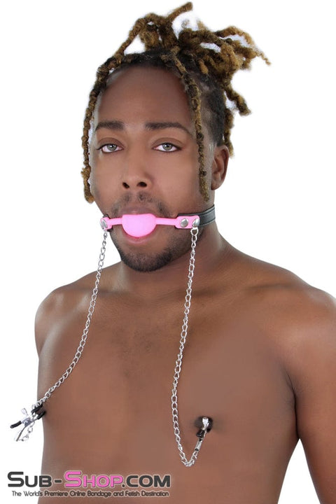 9946M      Pink Premium Hush Locking Silicone Ball Gag With Nipple Clamps - LAST CHANCE - Final Closeout! MEGA Deal   , Sub-Shop.com Bondage and Fetish Superstore