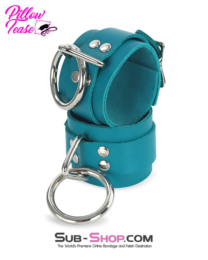 0219A      Leather Bondage Wrist Cuffs, Ocean Blue Color Cuffs   , Sub-Shop.com Bondage and Fetish Superstore