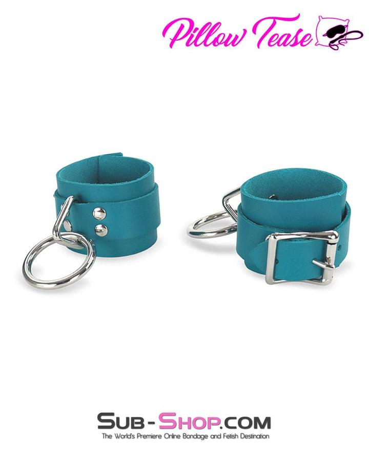 0219A      Leather Bondage Wrist Cuffs, Ocean Blue Color Cuffs   , Sub-Shop.com Bondage and Fetish Superstore