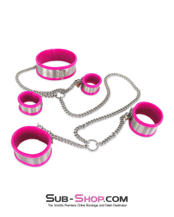 0262M 5-Piece Stainless Steel Collar, Cuffs & Leash Bondage Set with Pink Rubber Lining Steel Bondage , Sub-Shop.com Bondage and Fetish Superstore