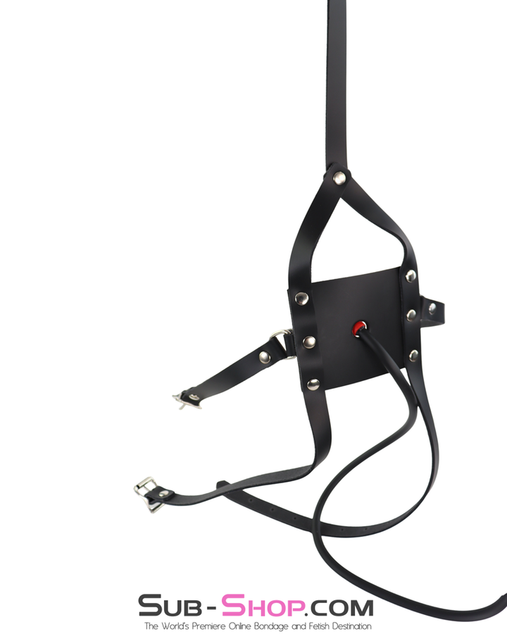 Leather gag harness showing red inflatable ball partially inflated through muzzle panel