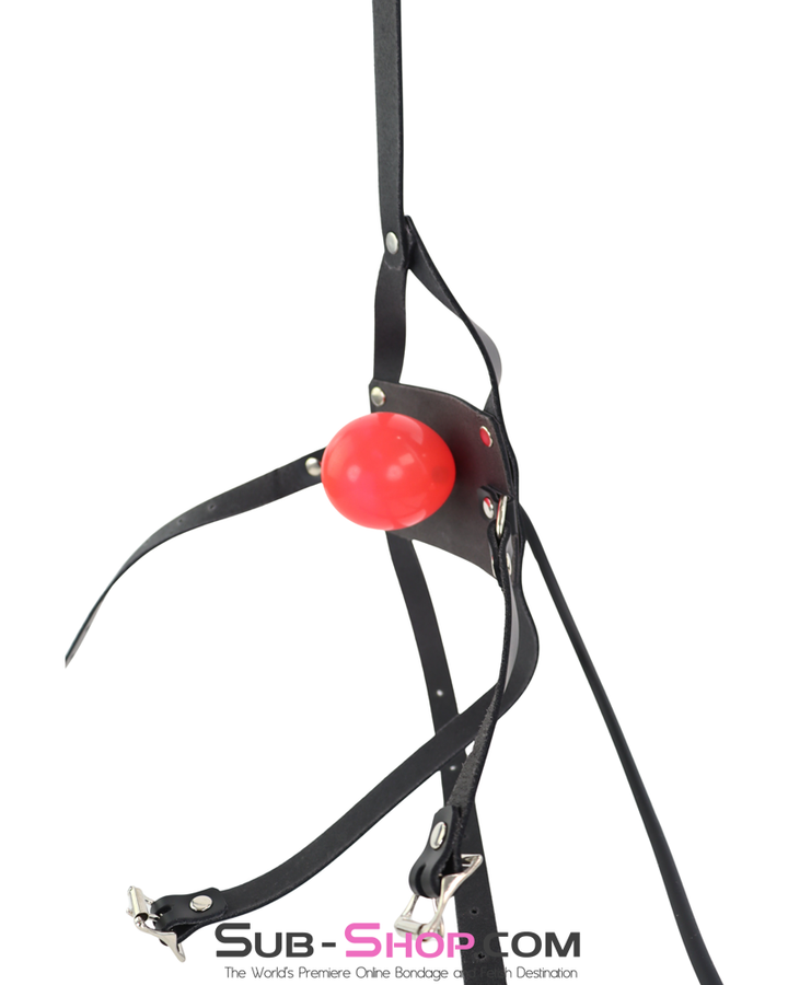 Inflatable ball gag with black leather muzzle harness and hand pump for adjustable gag control