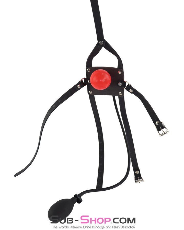 Inflatable latex gag with pump bulb connected to leather muzzle head harness for obedience training