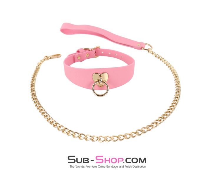 Pink sweetheart collar with gold heart ring and matching gold chain leash displayed together.