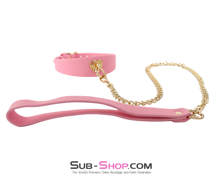 Side angle of pink collar showing gold chain attachment and pink handle loop.