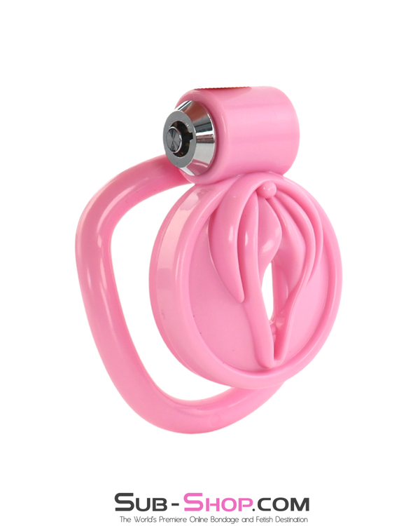 Pink sissy chastity cage with feminine pussy-front design shown front-facing