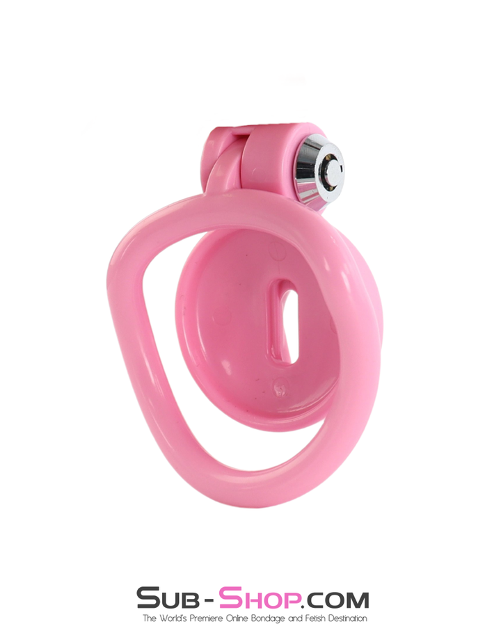 Rear view of pink clit-style chastity cage showing vent opening slot