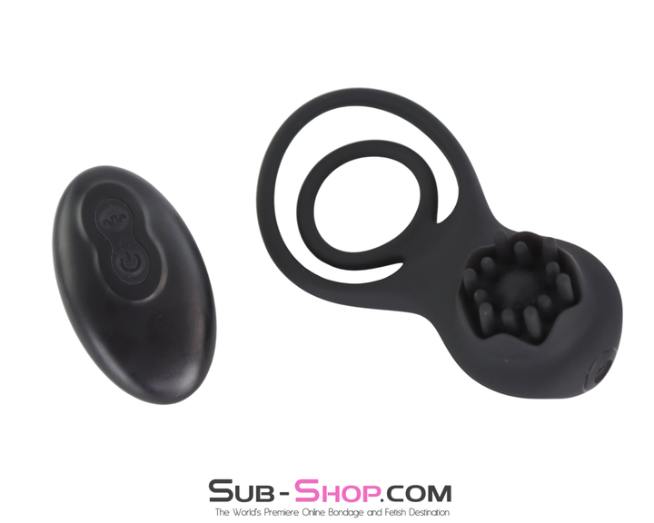 Black rechargeable vibrating cock ring with nubby clit stimulator and remote control.