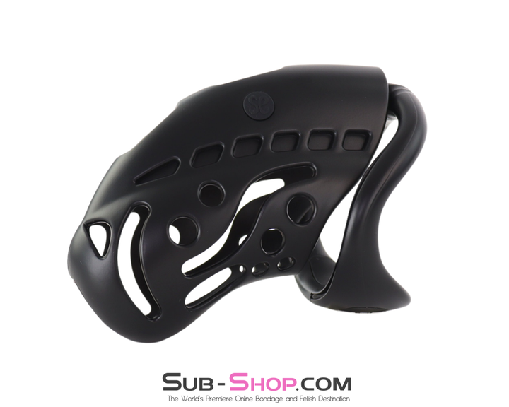 Close-up angled image of the vented chastity cage showing cutouts and contouring
