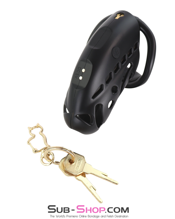 Chastity cage with gold lock and keys highlighting the magnetic charging points