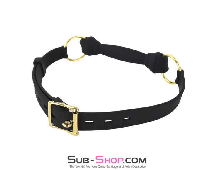 Rear angle showing gold buckle and silicone bone bit.