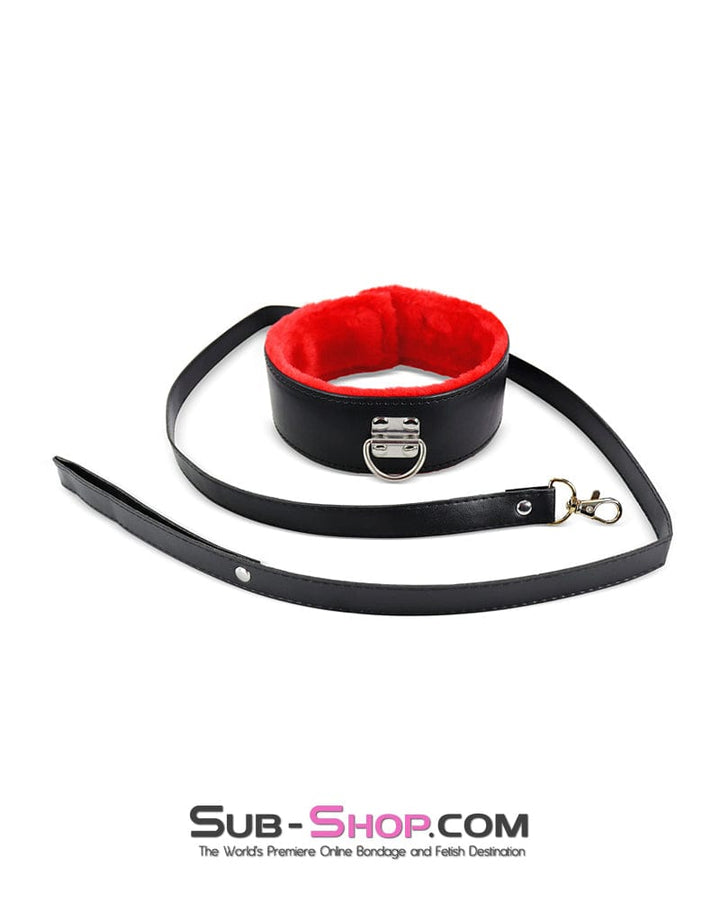 0975DL Red Fur Lined Bondage Slave Collar and Leash Set Collar , Sub-Shop.com Bondage and Fetish Superstore