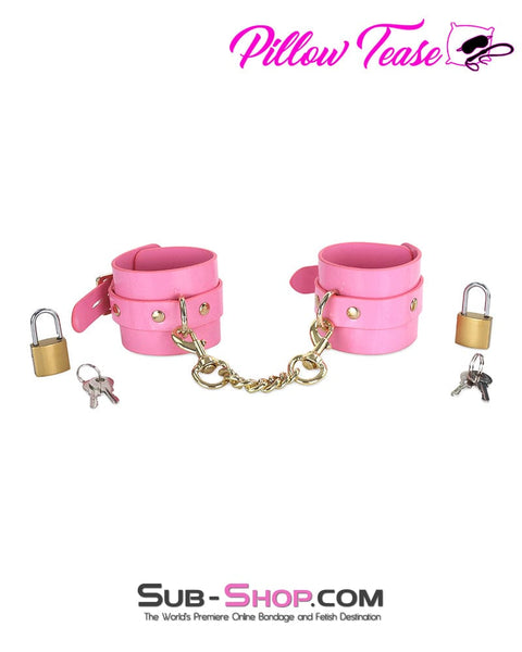 0986DL      Pink Patent Leather Bondage Cuffs with Gold Hardware Cuffs   , Sub-Shop.com Bondage and Fetish Superstore