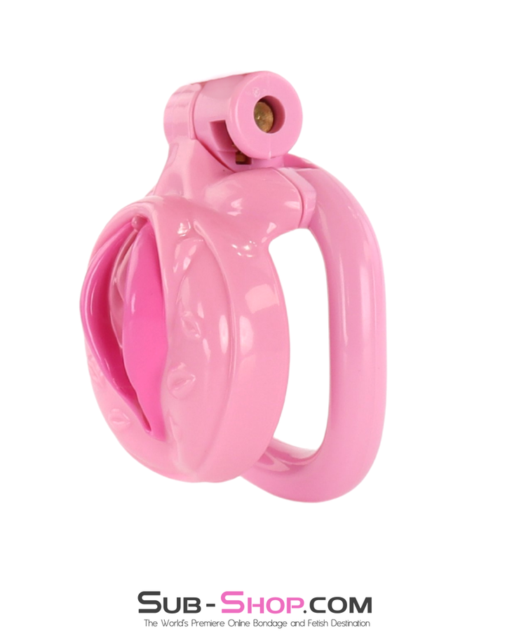 side view of pink sissy pussy chastity cage glossy plastic feminized cock cage