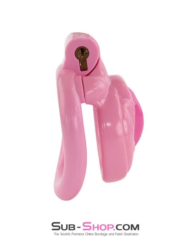 rear opening view of pink sissy chastity cage showing internal cavity and smooth plastic