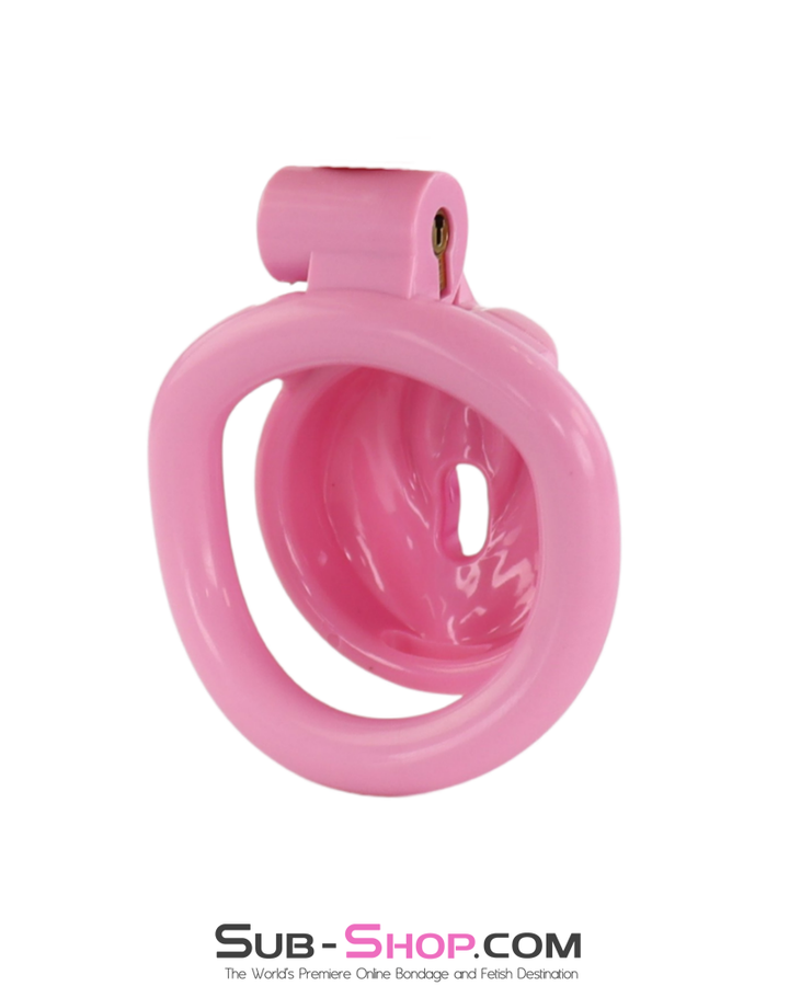 rear opening view of pink sissy chastity cage showing internal cavity and smooth plastic