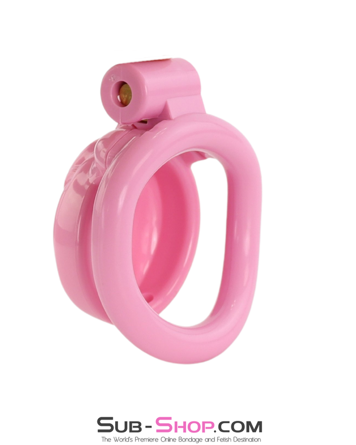 angled view of pink cock cage feminized design with rounded ergonomic ring