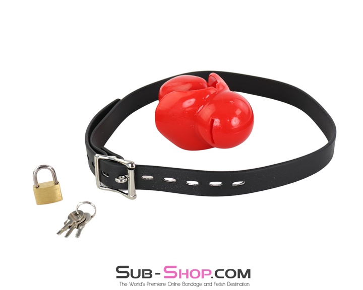 locking buckle gag with red block and included padlock and keys bdsm gear