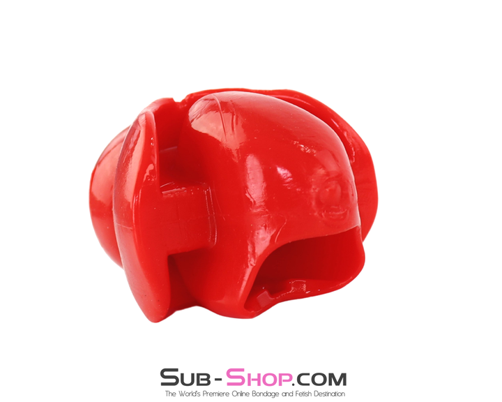 rear view of sculpted red gag block fetish restraint gear