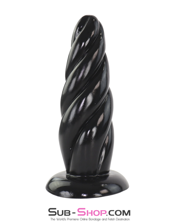 spiral twist pvc anal plug standing upright black textured anal toy