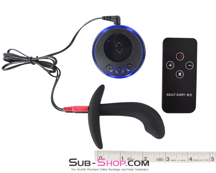 e-stim prostate trainer digital controller remote and plug shown with size ruler