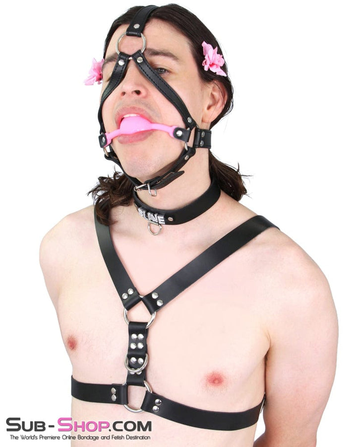 1357M-SIS      Pretty Sissy Slave Hussy Pink Premium Hush Silicone Ball Gag BDSM Roleplay Harness Sissy   , Sub-Shop.com Bondage and Fetish Superstore
