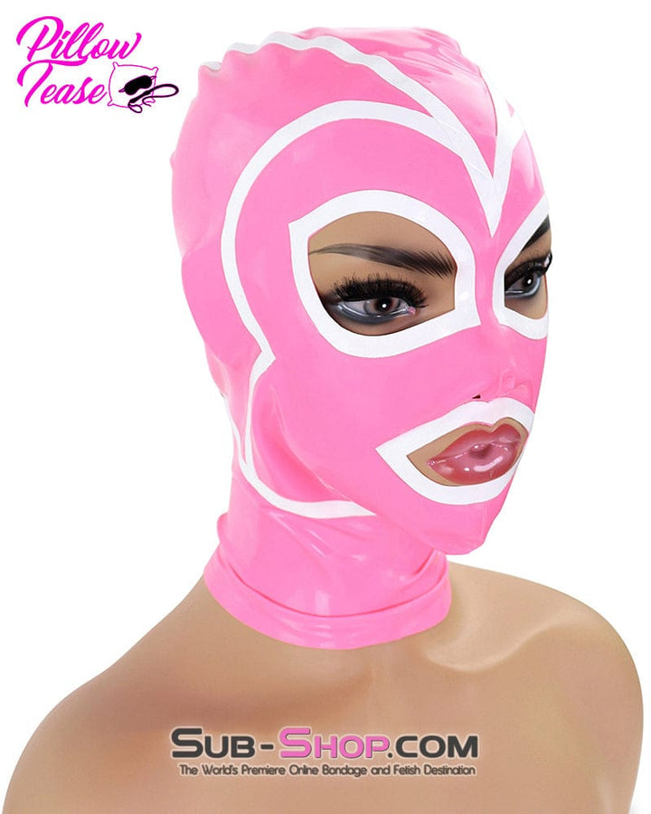 1468DL Pink Latex Hood with White Lined Eye and Mouth Openings Hoods , Sub-Shop.com Bondage and Fetish Superstore