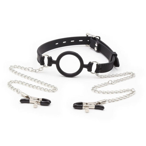 2225DL      Locking 2” Wide Black Silicone Comfort Ring Gag with Adjustable Nipple Clamps - MEGA Deal Black Friday Blowout   , Sub-Shop.com Bondage and Fetish Superstore