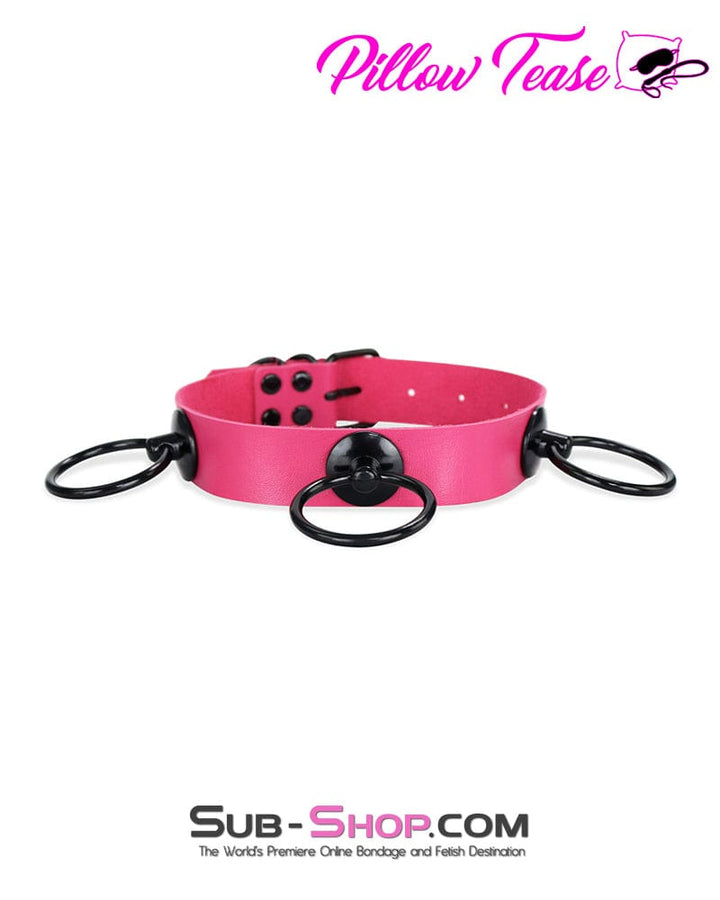 2336DL      Hot Pink Dark Restraint 3 Ring Collar with Black Hardware Collar   , Sub-Shop.com Bondage and Fetish Superstore