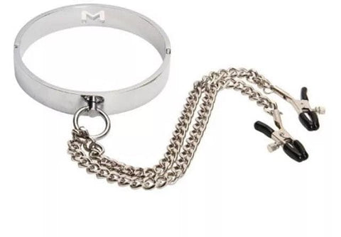 2502DL      Chrome Steel Bondage Collar with Adjustable Nipple Clamps Collar & Clamps   , Sub-Shop.com Bondage and Fetish Superstore