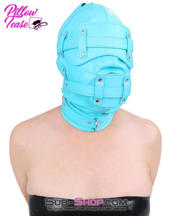 3708RS-SIS Please Sissy Bondage Diamond Blue Locking Hood with Removable Penis Gag and Blindfold Sissy , Sub-Shop.com Bondage and Fetish Superstore