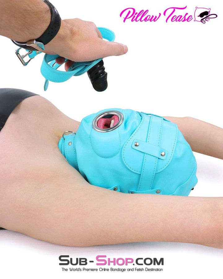 3708RS-SIS Please Sissy Bondage Diamond Blue Locking Hood with Removable Penis Gag and Blindfold Sissy , Sub-Shop.com Bondage and Fetish Superstore