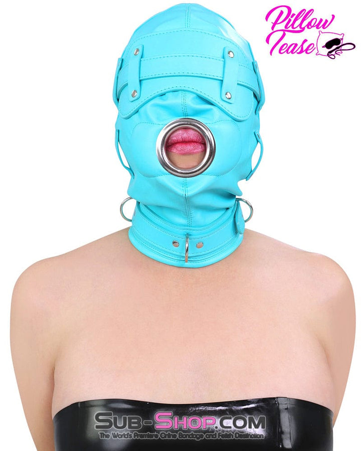 3708RS-SIS Please Sissy Bondage Diamond Blue Locking Hood with Removable Penis Gag and Blindfold Sissy , Sub-Shop.com Bondage and Fetish Superstore
