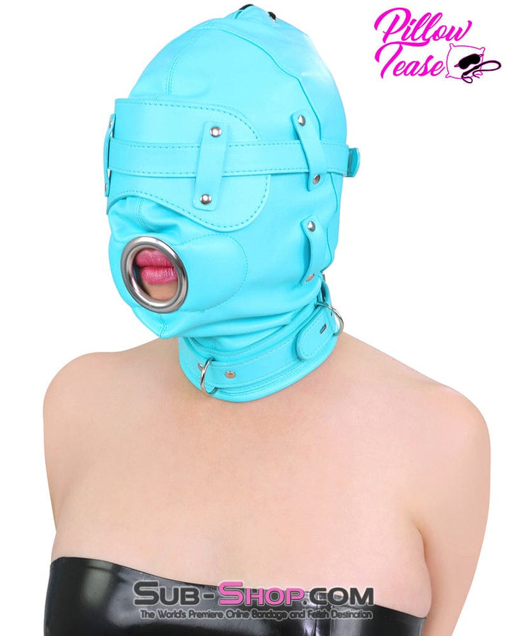 3708RS-SIS Please Sissy Bondage Diamond Blue Locking Hood with Removable Penis Gag and Blindfold Sissy , Sub-Shop.com Bondage and Fetish Superstore