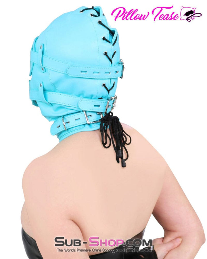 3708RS-SIS Please Sissy Bondage Diamond Blue Locking Hood with Removable Penis Gag and Blindfold Sissy , Sub-Shop.com Bondage and Fetish Superstore
