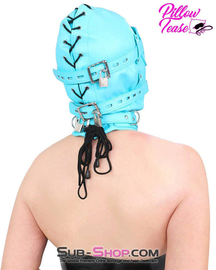 3708RS-SIS Please Sissy Bondage Diamond Blue Locking Hood with Removable Penis Gag and Blindfold Sissy , Sub-Shop.com Bondage and Fetish Superstore
