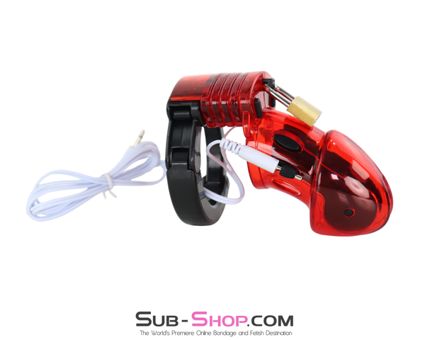 6935AR-SIS   Electro Male Locking Electric Chastity Cage with Spacers and E-Stim Cable, Red for Sissy Slut Training