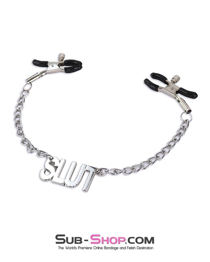 7283DL      SLUT Adjustable Nipple Clamps with SLUT Tag Nipple Clamp   , Sub-Shop.com Bondage and Fetish Superstore