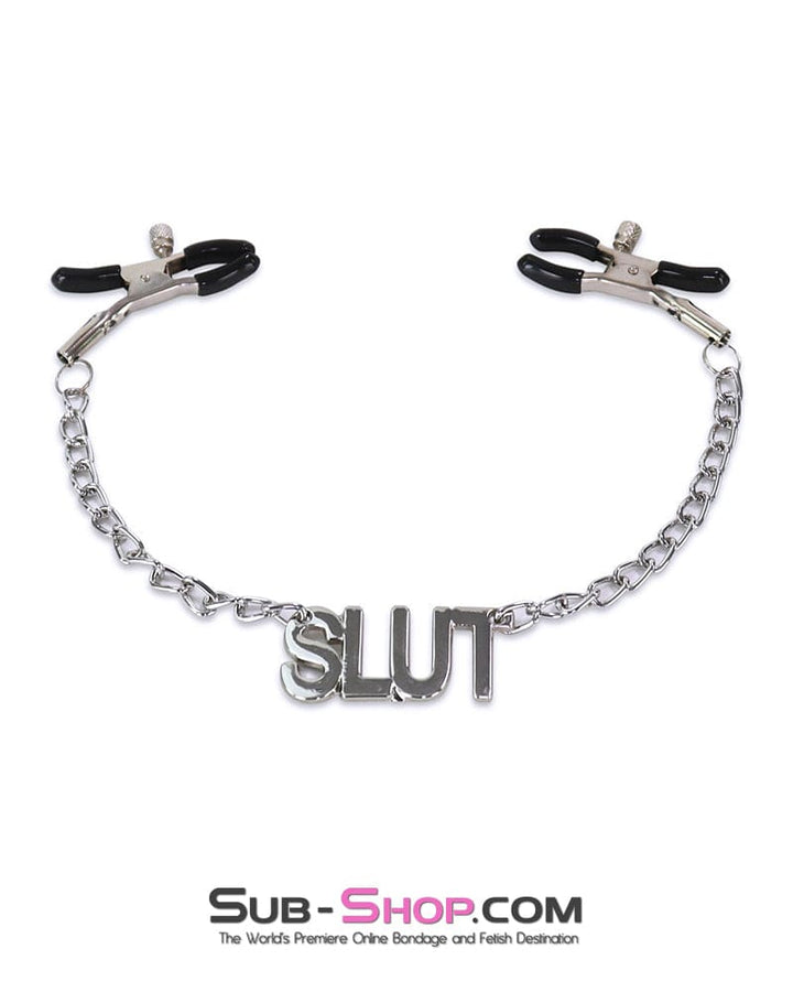 7283DL      SLUT Adjustable Nipple Clamps with SLUT Tag Nipple Clamp   , Sub-Shop.com Bondage and Fetish Superstore