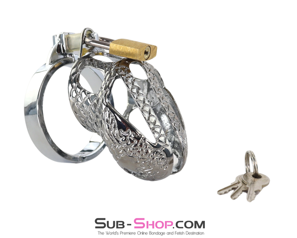 snake head chastity cage chrome engraved metal cock cage with lock and keys