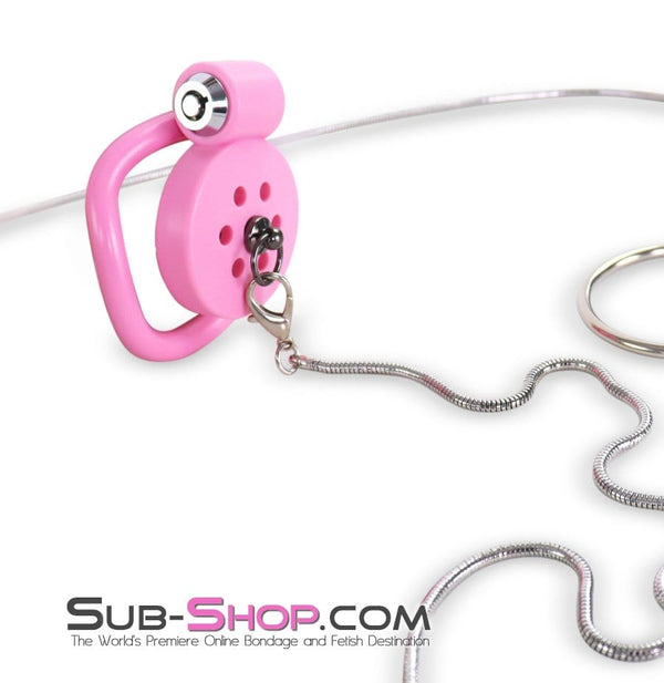 9020DL Ultra-Secure Flat Pink Locking Chastity Cage with Lead Chain & 5 Base Rings Chastity , Sub-Shop.com Bondage and Fetish Superstore